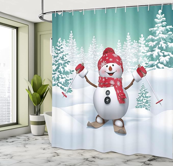 Ambesonne Christmas Shower Curtain, Snow Covered Mountain Fir Trees and Skiing Snowman Fun Holiday Activity, Cloth Fabric Bathroom Decor Set with Hooks, 69" W x 70" L, White Teal