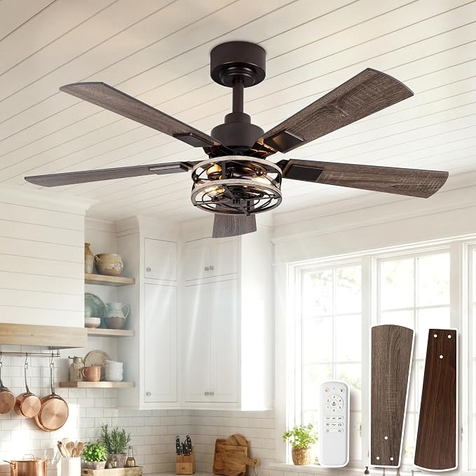 Farmhouse 42 Inch Ceiling Fans with Lights, Low Profile Flush Mount Ceiling Fan with Remote Control, Quiet and Reversible DC Motor, 6-Speed Caged Rustic Ceiling Fan for Bedroom, Living Room, Walnut