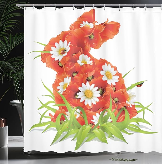 Ambesonne Ladybugs Shower Curtain, Spring Flowers in Shape of Easter Rabbit Wild Nature Camomile Blooms Grassy, Cloth Fabric Bathroom Decor Set with Hooks, 69" W x 70" L, Red White Green
