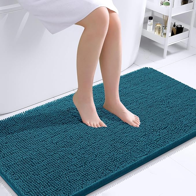 OLANLY Bathroom Runner Rugs 44x24, Soft Absorbent Chenille Bath Rugs, Rubber Backing Quick Dry, Machine Washable Long Bath Mats for Bathroom Floor, Tub and Shower, Home Decor Accessories, Peacock Blue