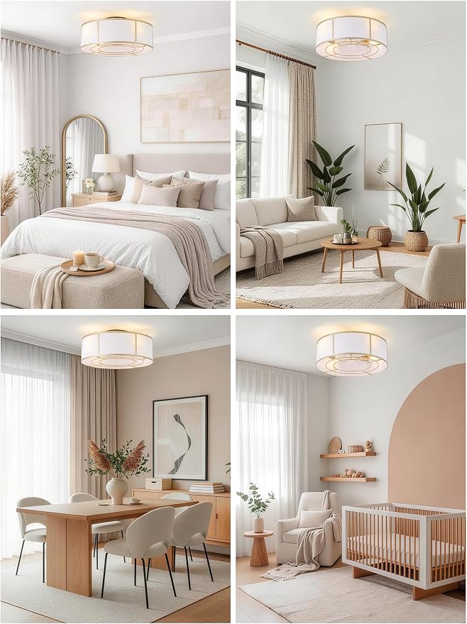 Low Profile Ceiling Fans with Lights, 20" Flush Mount Ceiling Fan with Light, Gold and White Boho Bladeless with 6 Speeds Remote Control for Bedroom, Nursery, Living Room