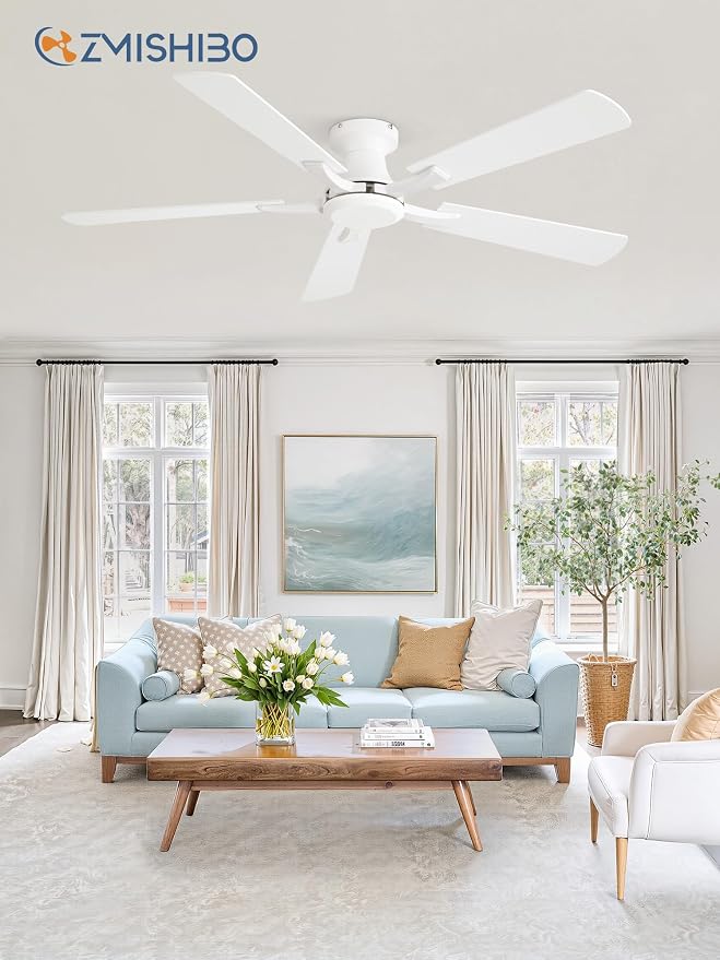 ZMISHIBO 52 Inch Ceiling Fan No Light, Flush Mount Low Profile, Modern White Ceiling Fan Without Light, Remote Control & Quiet DC Motor, for Indoor&Outdoor, Bedroom, Living Room
