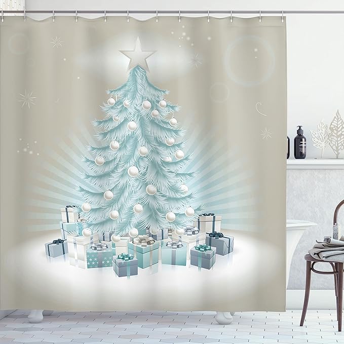 Ambesonne Christmas Shower Curtain, Merry Xmas Themed Fir Tree with Ornate Tree Topper and Baubles, Cloth Fabric Bathroom Decor Set with Hooks, 69" W x 75" L, Mint Green Slate Blue