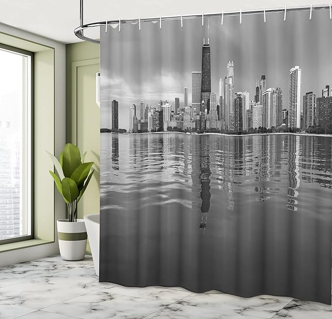 Ambesonne Chicago Skyline Shower Curtain, Nostalgic Weathered Lake Michigan Harbor Coastal Town Urban Vintage, Cloth Fabric Bathroom Decor Set with Hooks, 69" W x 70" L, Black and White