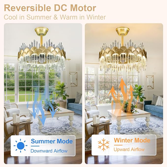 Depuley Bedroom Ceiling Fan with Lights: 20" Gold Chandelier Cagd Fan with Remote Control - Modern Crystal Fandelier for Girl's Bedroom Living Room Nursery