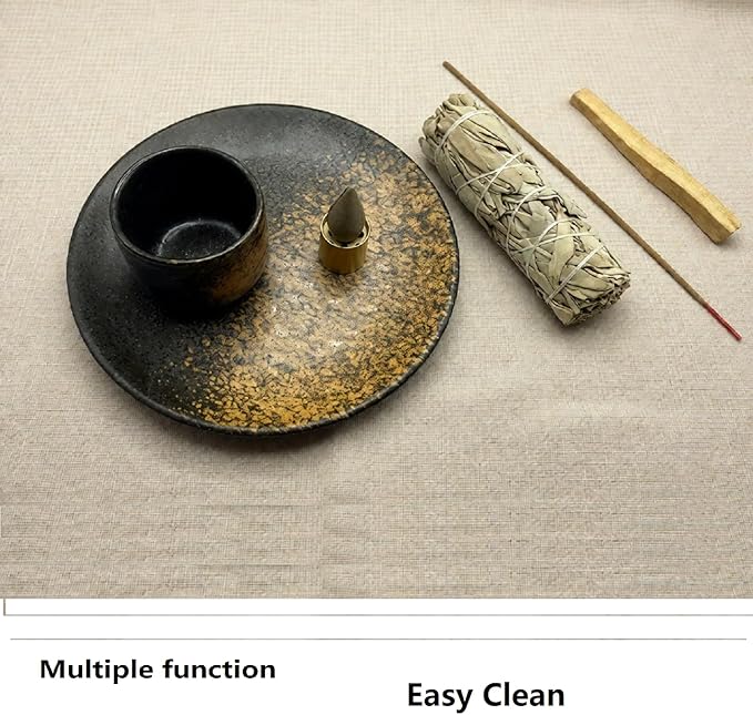 3 in 1 Incense and Candle Holder, Ceramic Palo Santo Burner Sage Burner, Multi Holes Brass Incense Stick Holder, 5.9” Ceramic Ash Catcher Tray, Incense Burner Set for Meditation