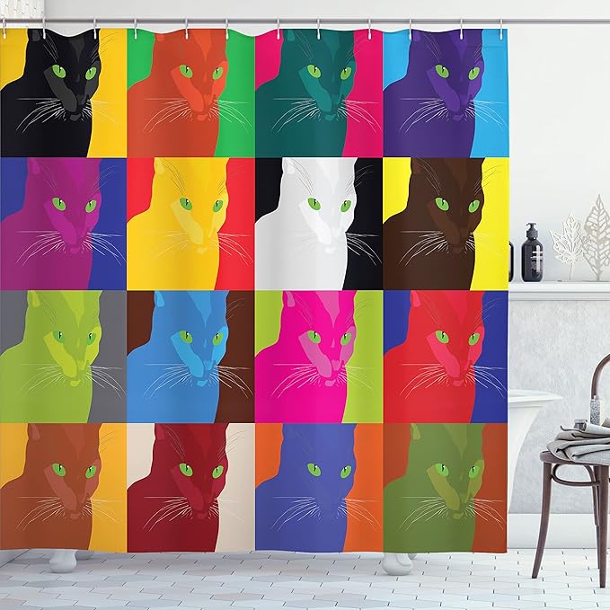 Ambesonne Cat Shower Curtain, Pop Art Style Featured Fractal Kitty Portraits Frame Color Effects Print, Cloth Fabric Bathroom Decor Set with Hooks, 69" W x 75" L, Magenta Red