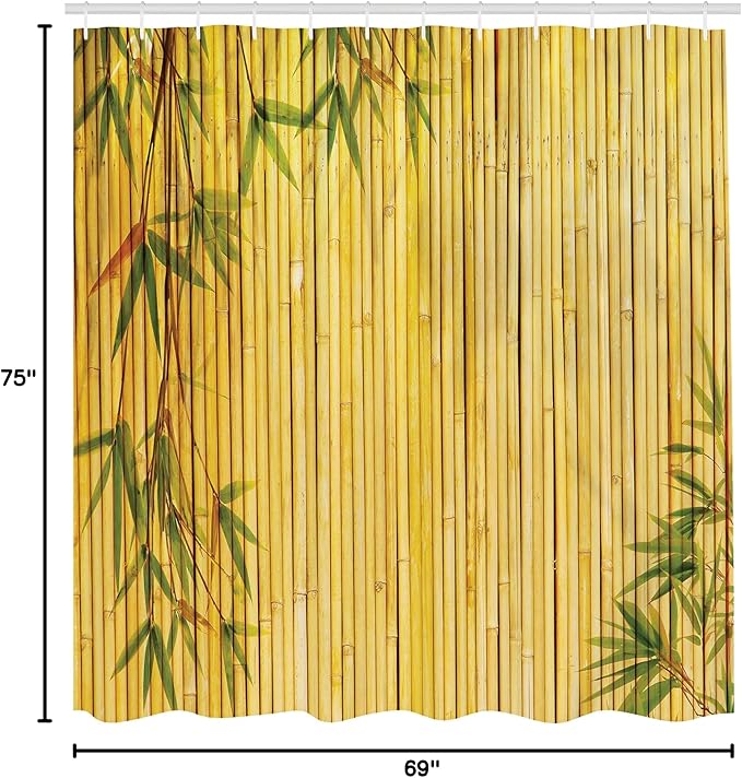 Ambesonne Asian Themed Shower Curtain, Yellow Colored Woodland Background Tree Branches Exotic Scene Peaceful Art, Cloth Fabric Bathroom Decor Set with Hooks, 69" W x 75" L, Fern Green