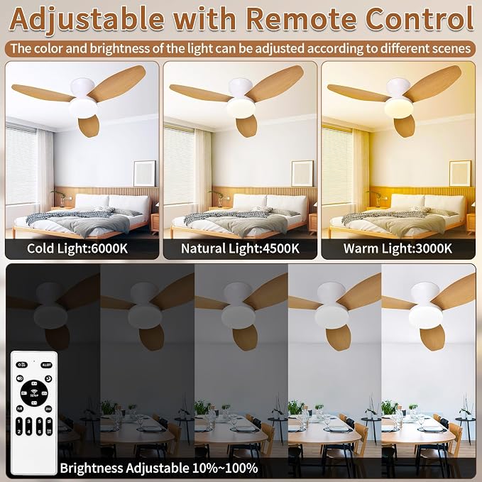Small Ceiling Fan with Light and Remote, 32'' Flush Mount, 6 Speeds | Reversible Quiet DC Motor,Modern,3 Blades,Dimmable LED,Adjustable Color Temperature,Timer for bedroom Kitchen indoor outdoor