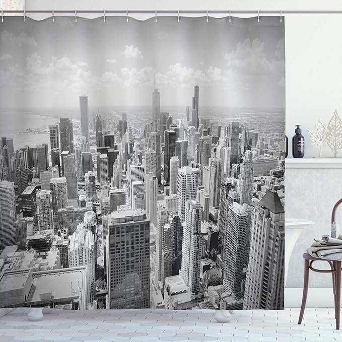 Ambesonne USA Shower Curtain, Chicago City Skyline Aerial View Contemporary Famous Touristic Places Picture Print, Cloth Fabric Bathroom Decor Set with Hooks, 69" W x 70" L, Black Grey