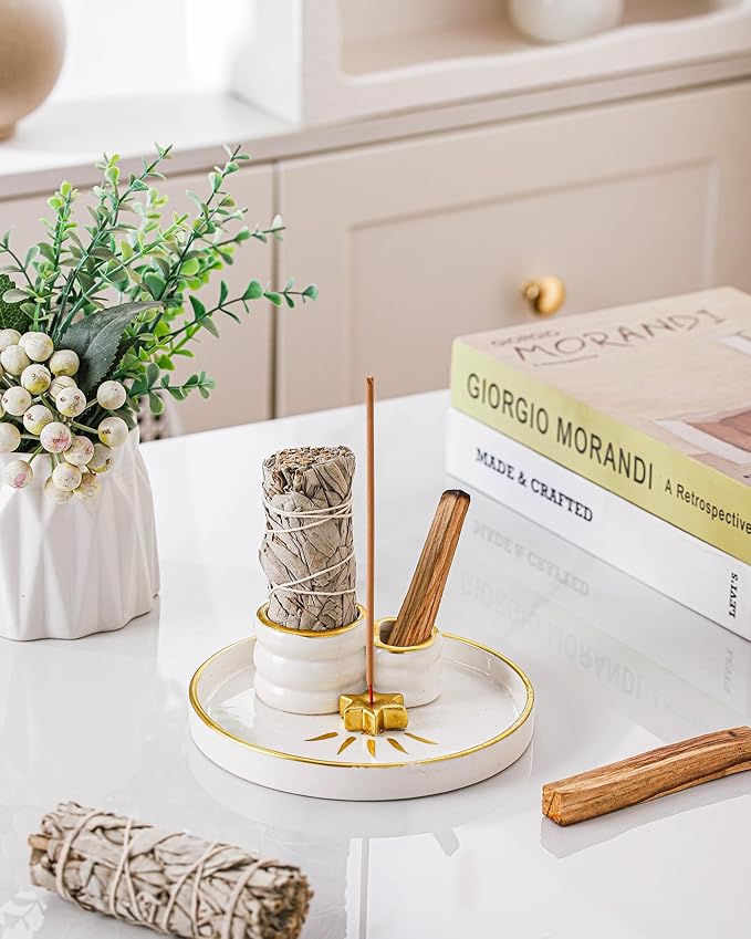 Ceramic Incense Holder Burner, Sage Holder for Burning, Palo Santo Sticks Holder, 5.51" Ash Catch Tray, Smudge Dish for Meditation Yoga, Modern Home Decor Gift