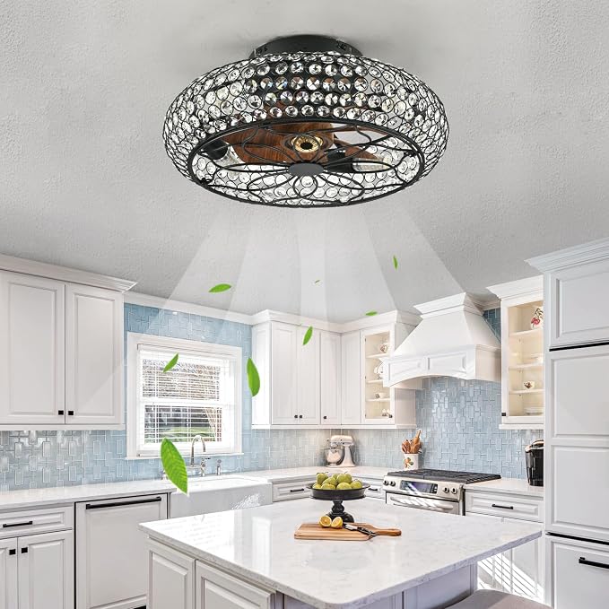 Caged Crystal Ceiling Fans with Lights and Remote,18.8" Flush Mount Low Profile Ceiling Fan with Light,6 Speed Enclosed Ceiling Fan with Reversible Motor for Bedroom Kitchen Living Room