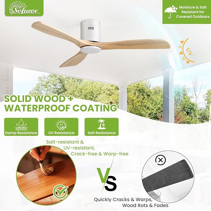 Sofucor 52 Inch Low Profile Ceiling Fans No Light, Modern Flush Mount Solid Wood Ceiling Fan with Airflow 5000CFM, Quiet DC Motor, 6 Speeds, Timer & Reversible for Bedroom Living Room,ETL,Natural Wood
