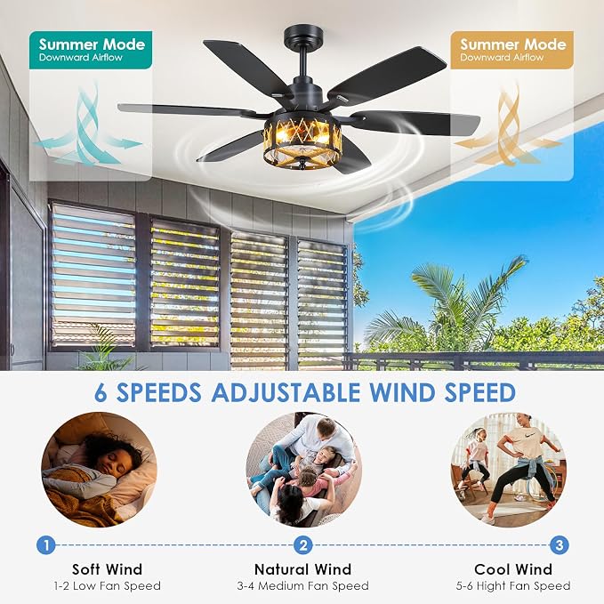 Hounberi 52" Farmhouse Ceiling Fan with Light and Remote, Black Industrial Caged Ceiling Fans with Seeded Glass & Jute Rope Shade, Reversible DC Motor, Rustic Ceiling Fan for Dining Room Bedroom