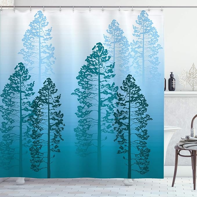 Ambesonne Country Shower Curtain, Pine Trees in The Forest on Foggy Seem Ombre Backdrop Wildlife Adventure Artwork, Cloth Fabric Bathroom Decor Set with Hooks, 69" W x 84" L, Azure Blue
