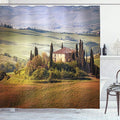 Ambesonne Tuscan Shower Curtain, Tuscany Seen from Stone Village of Montepulciano Italy in Cloudy Day, Cloth Fabric Bathroom Decor Set with Hooks, 69" W x 75" L, Green Taupe