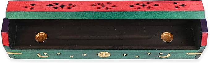 Incense Garden Pack of 2 Incense Stick Holder - Coffin Style - Wood Incense Stick Burner with Sun Moon Star Inlays Handmade with Brass Inlays (Multicolor)
