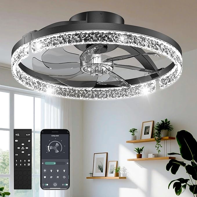 AIKVSXER Ceiling Fans with Lights and Remote, 20'' Low Profile Ceiling Fan with APP Control, 3000K-6500K Dimmable, Quiet Reversible DC, Modern Flush Mount Fandelier for Bedroom (Black-Crystal)