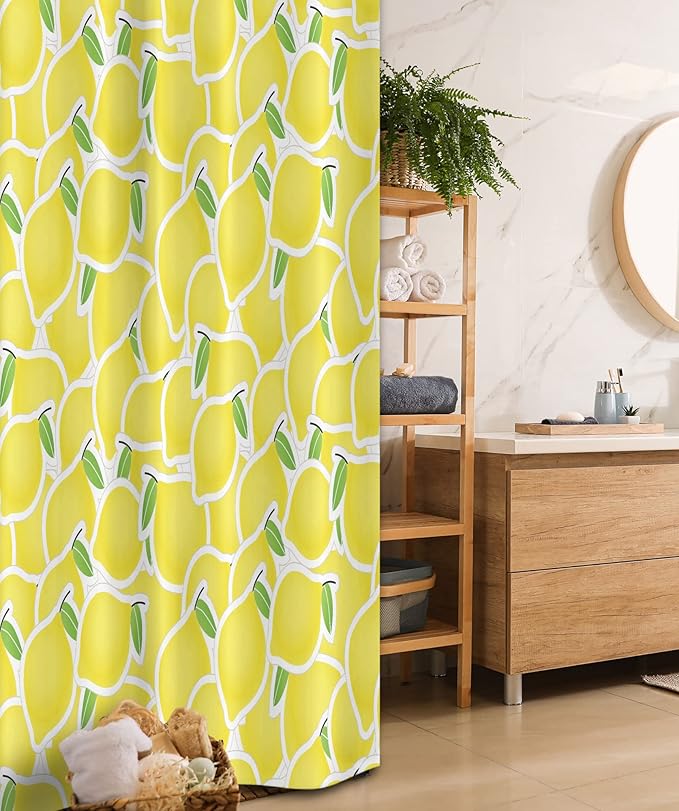 Ambesonne Yellow Stall Shower Curtain, Illustration of Bunch of Lemon Citrus Images and Forms Nature Artprint for Living, Fabric Bathroom Decor Set with Hooks, 36" W x 72" L, Green and Yellow