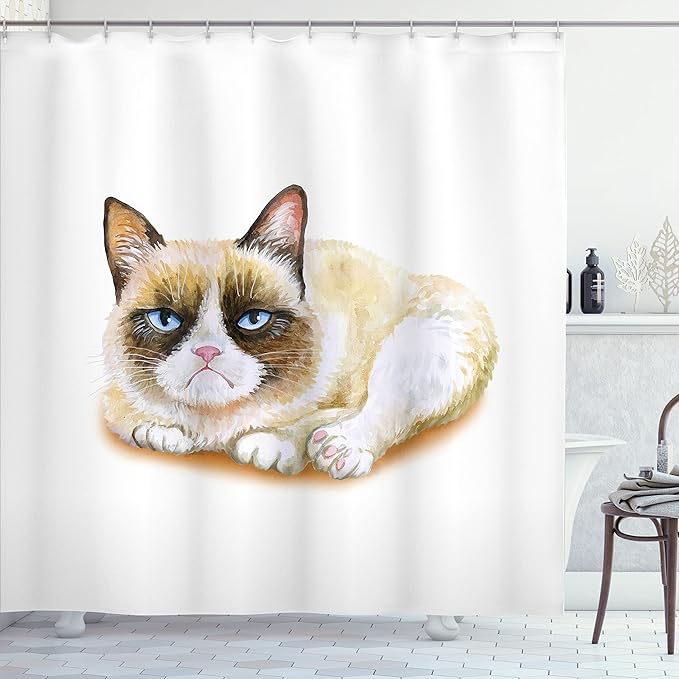 Ambesonne Animal Shower Curtain, Grumpy Siamese Cat Angry Paws Kitten Moody Love Art Print Watercolor Look Print, Cloth Fabric Bathroom Decor Set with Hooks, 69" W x 84" L, Beige and Brown