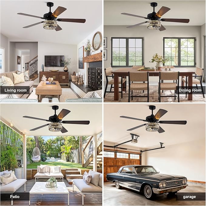 60" Crystal Ceiling Fan with Lights and Remote, Rustic Chandelier | Farmhouse Fandelier Ceiling Fan, Crystal Caged Chandelier for Living Room Indoor Cover Porch, Reversible DC Motor 6 Speeds