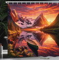 Ambesonne Lake Shower Curtain, Mural Like Landscape Lonely Boat on Reflection Trres and Mountains, Cloth Fabric Bathroom Decor Set with Hooks, 69" W x 70" L, Olive Green and Burnt Sienna