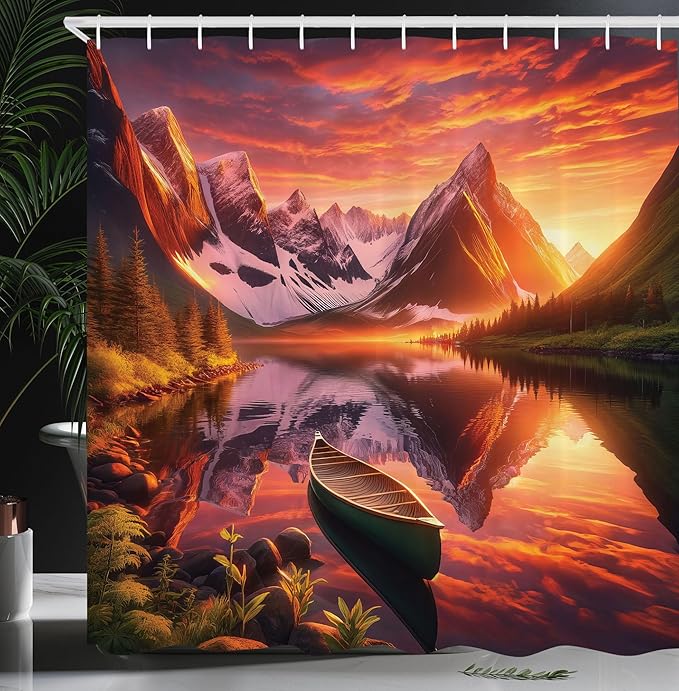 Ambesonne Lake Shower Curtain, Mural Like Landscape Lonely Boat on Reflection Trres and Mountains, Cloth Fabric Bathroom Decor Set with Hooks, 69" W x 70" L, Olive Green and Burnt Sienna