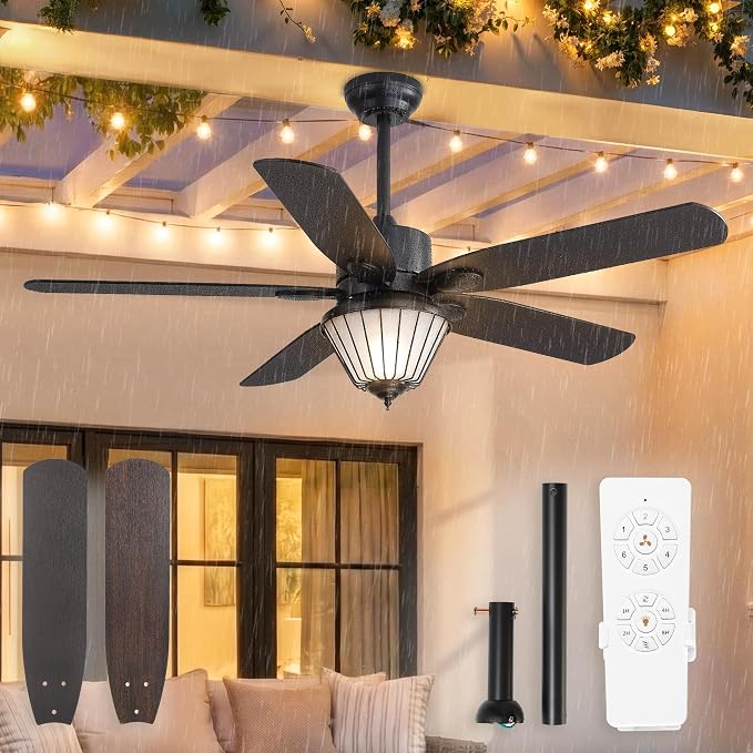 52 Inch Outdoor Ceiling Fans with Lights for Patios, IP65 Waterproof, Remote Control, 6-Speeds, Reversible DC Motor, 5 Dual Finish Blades, Wet-rated Ceiling Fan for Patio Gazebo Porch Pavilion (Black)