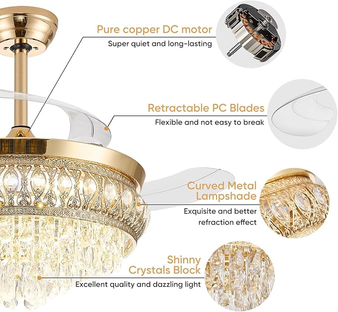 42" Fandelier Ceiling Fan with Light, Crystal Retractable Ceiling Fan with Lights and Remote, Chandelier Fans for Bedroom Living Room, Reversible DC Motor, Dimmable, 6 Speeds -Gold