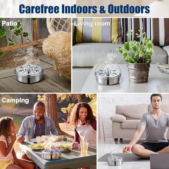 6 Pack Portable Mosquito Coil Holder Bulk with Handle Incense Coil Burner with Cover Fireproof Round Metal Mosquito Sandalwood Incense Box for Outdoor Use Patio Pool Camping Fishing