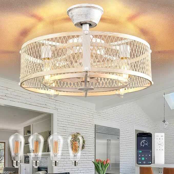 Depuley Farmhouse Ceiling Fans with Lights: Cement Flush Mount Caged Ceiling Fans Light Fixture for Dining Room - Modern Rustic Fandelier Low Profile Ceiling Fan with Remote for Kitchen Bedroom