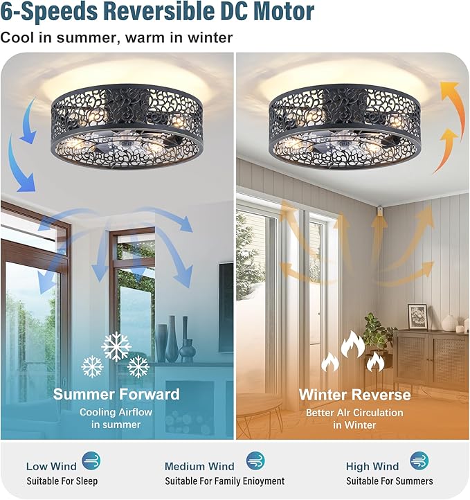 COCOSTAR Caged Ceiling Fan with Light Flush Mount Farmhouse Black Fandelier | Remote/APP,Low Profile,Enclosed,Bladeless,Quiet,20" Rustic Light Fixture with Fan for Kitchen Bedroom Living Room Dining Room