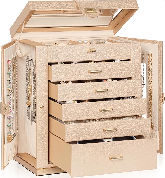 AKOZLIN 6-Tier Jewelry Box Organizer Functional 5 Drawers Leather Jewelry Storage Case for Women Girls Ring Necklace Earring Bracelet Holder Organizer with Mirror XL Champagne 360° Rotating