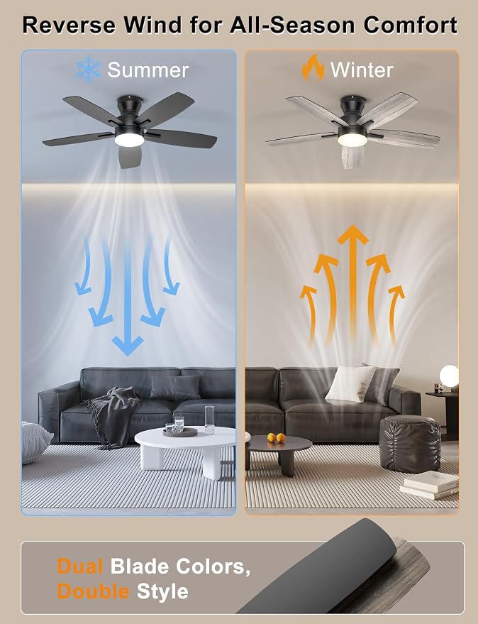 Ohniyou Ceiling Fans with Lights, 42'' Low Profile Ceiling Fan with Light and Remote/APP Control, Modern Flush Mount Ceiling Fan for Indoor Bedroom Kitchen, Dimmable, Quiet DC Motor, Black