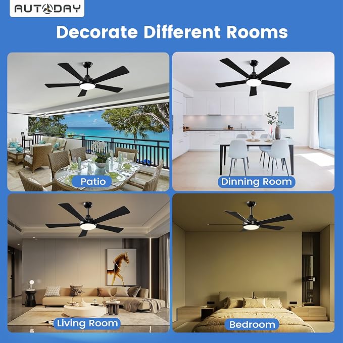 52 Inch Ceiling Fans with Lights and Remote - Black Ceiling Fan with Light, Quiet Reversible DC Motor, Dimmable Tri-Color LED, 5 Blades, Modern Indoor/Outdoor Ceiling Fans for Patios Bedroom