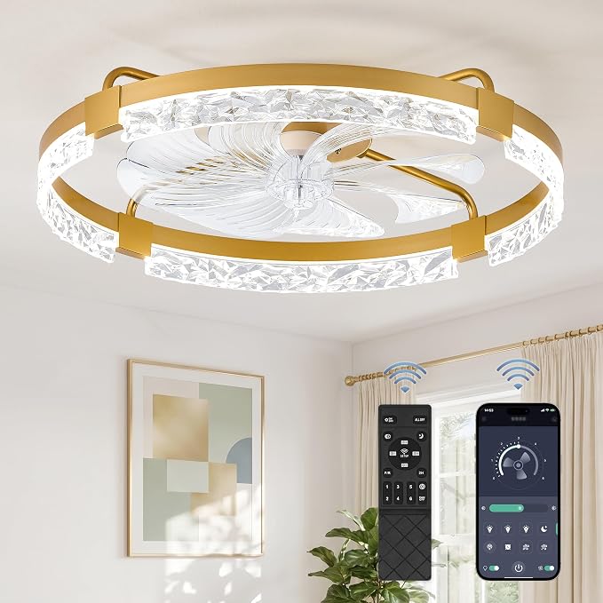 ZMISHIBO 24 Inch Flush Mount Ceiling Fan with Light, Bladeless Low Profile Enclosed Fan for Bedroom Kids Room, 6 Speeds Reversible DC Motor, 3CCT Dimmable Smart App Control
