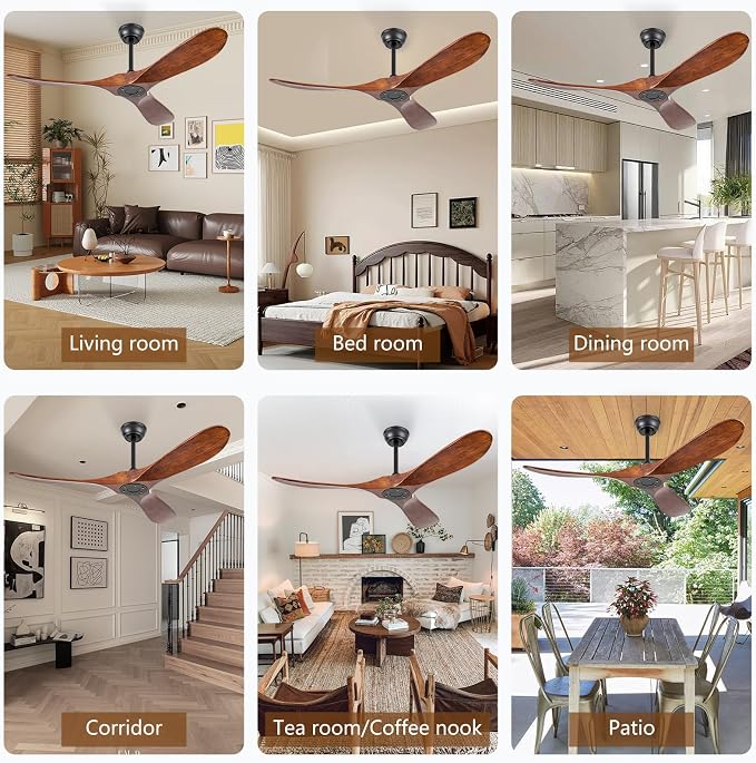 52 Inch Walnut Outdoor Ceiling Fan No Light, Solid Wood Ceiling Fans Without Lights, Mid-sized Modern 3 Blade Quiet Dc Ceiling Fans For Slanted Ceilings, Rustic Wood Ceiling Fan For Garage