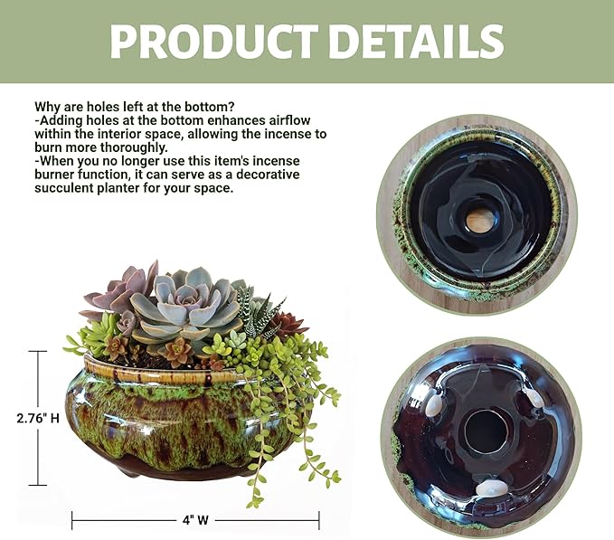 Incense Burner with Calabash Incense Stick Holder - Porcelain Charcoal Censer for Use with Resin Granular Powder Cone or Coil Incense (Fambe Green)