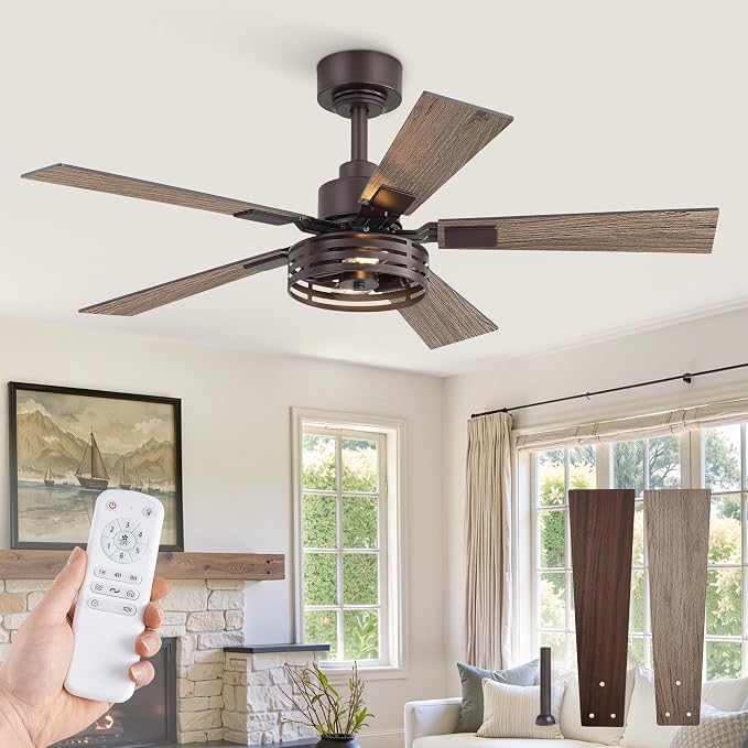 Fanbulous Farmhouse Caged Ceiling Fans with Lights and Remote, 42 Inch Oil Bronze Bedroom Ceiling Fans for Living Room Kitchen，6 Speed Reversible Quiet DC Motor, Dual Finish 5 Blades
