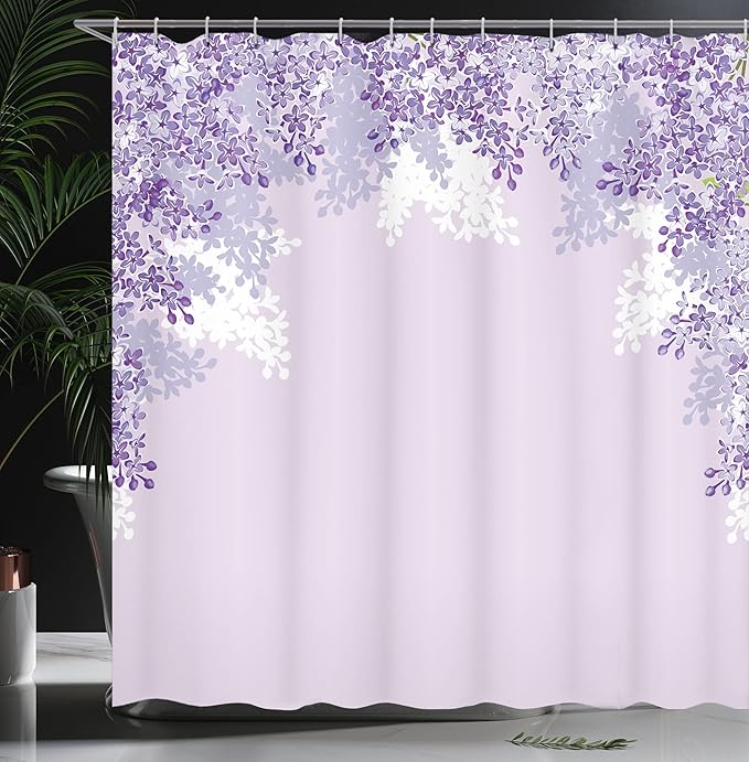 Ambesonne Flower Shower Curtain, Framing Lilac Flowers in Blossom Vernal Season Soothing Color Shades Artwork, Cloth Fabric Bathroom Decor Set with Hooks, 69" W x 70" L, Blue Violet