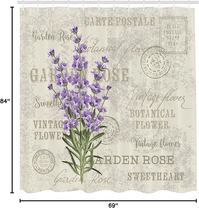Ambesonne Lavender Shower Curtain, Vintage Composition with Grunge Display and Flowers, Cloth Fabric Bathroom Decor Set with Hooks, 69" W x 84" L, Green Lavender