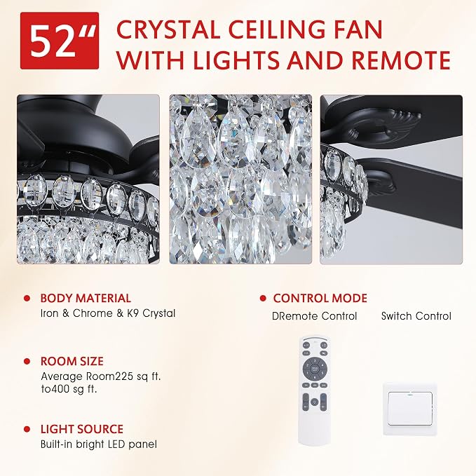 GJeg Crystal Ceiling Fan Fandelier with Lights-Ceiling Fans with Remote Control,Modern Ceiling Fan with Noiseless DC Reversible Motor,Dining Room,Living Room(52" Black)
