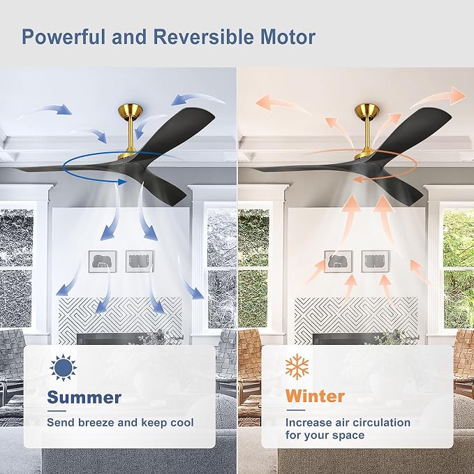Modern Ceiling Fan with Remote: Black and Gold Ceiling Fans 3 Blades - 60 Inch Ceiling Fan No Light for Covered Outdoor Living Room Bedroom