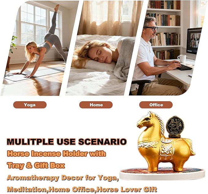 Horse Incense Burner-Resin Fortune Horse Incense Holder with Tray & Gift Box,Aromatherapy Decor for Yoga, Meditation,Home Office,Horse Lover Gift (Golden)