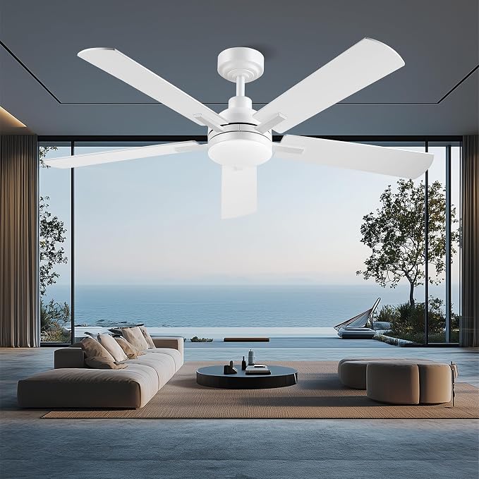 JSAITEE 52 Inch Smart Ceiling Fan with Lights, Remote & App Control, DC Reversible Motor, 6 Speeds Quiet 35dB, 3CCT Dimmable LED, Low Profile Modern Ceiling Fans for Bedroom Living Room, White