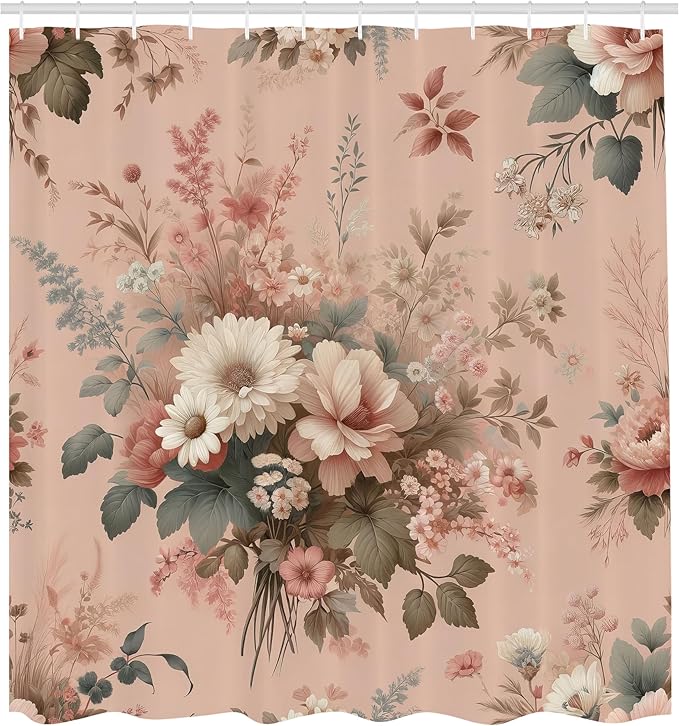 Ambesonne Floral Shower Curtain, Vintage Farmhouse Delicate Wild Flowers Arrange on Pastel Plain Back, Cloth Fabric Bathroom Decor Set with Hooks, 69" W x 84" L, Blush Pale Reseda Green