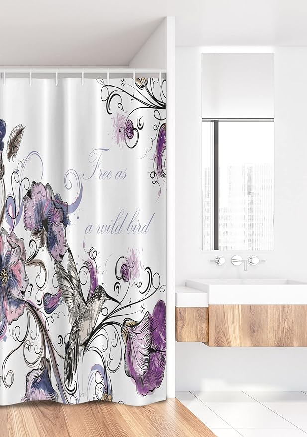 Ambesonne Hummingbird Stall Shower Curtain, Flowers Leaves Bird and Classic Patterns Curvy Lines Ornament Nostalgic Art, Fabric Bathroom Decor Set with Hooks, 36" W x 72" L, Purple Black