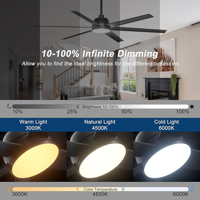 65 Inch Ceiling Fan with Lights - Black Ceiling Fan with Remote & APP Control, 3CCT, Dimmable, Quiet Reversible DC Motor, Indoor Outdoor Ceiling Fans for Patio Living Room Garage Shop