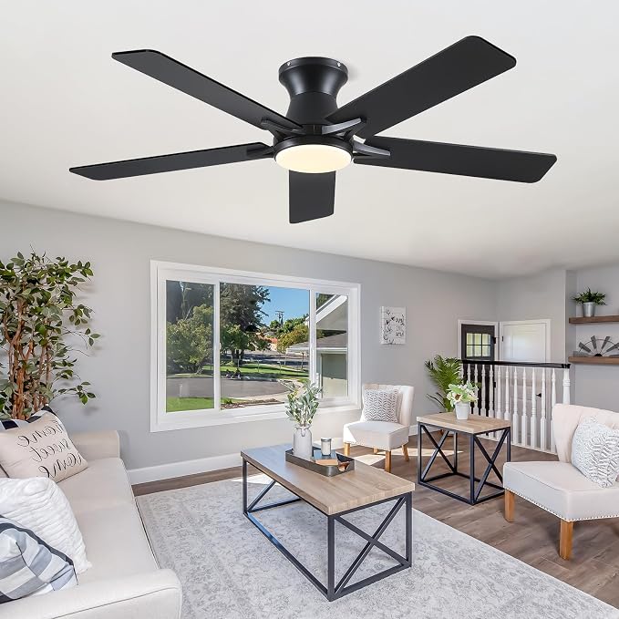 52"Modern Black Low Profile Flush Mount Ceiling Fans with Light and Remote | Supports Remote and APP, 6 Wind Speeds, Reversible, Dimmable 3 Light Colors LED Light, Noiseless 30W DC Motor,2H Timer