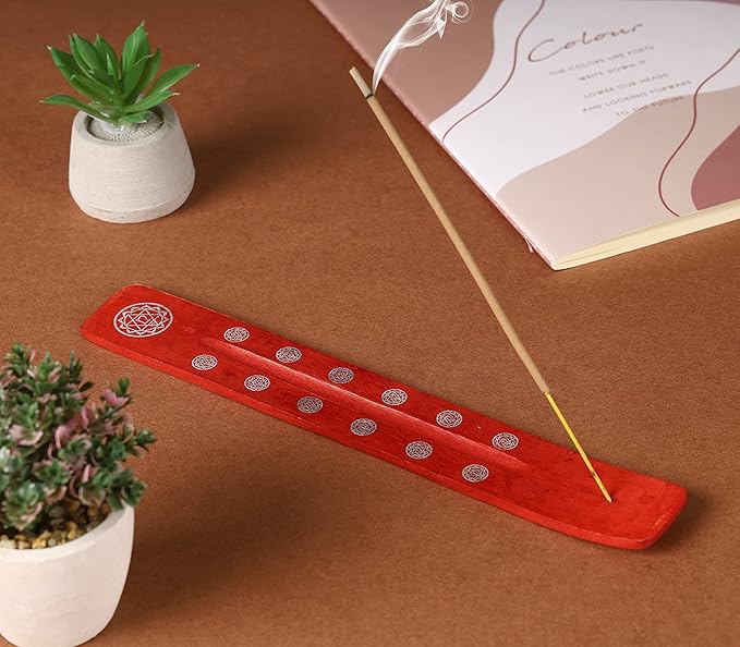 Bless-International Traditional-Handmade-Burner Wooden-Incense-Stick-Holder Ash-Catcher-Stand for-Aromatherapy-Meditation-Yoga (Fire Red) 10 Inches, Pack of 2